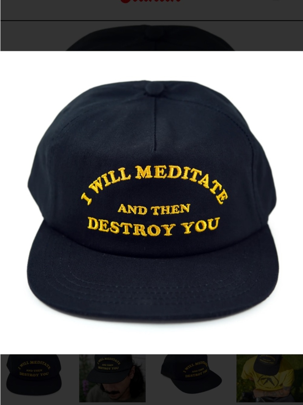 Black Embroidered Cap - "I Will Meditate and Then Destroy You"
